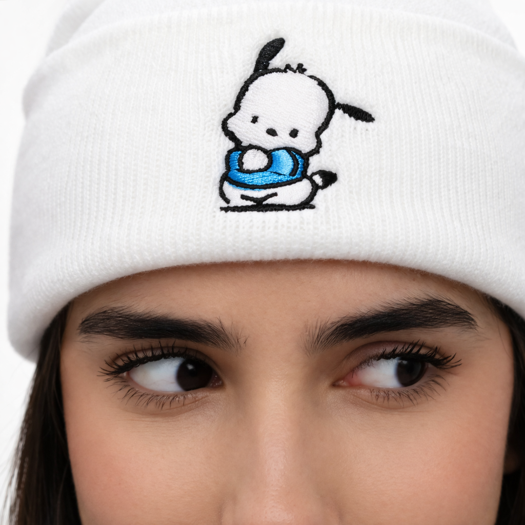 Embroidered Beanie  Cute Dog Beanie Hat  White Knit Beanie  Gift for Her  Winter Hat  Custom Embroidery