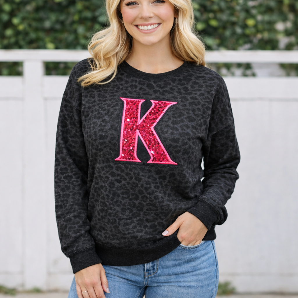 Black Leopard Crewneck Sweatshirt with Sequin Initial
