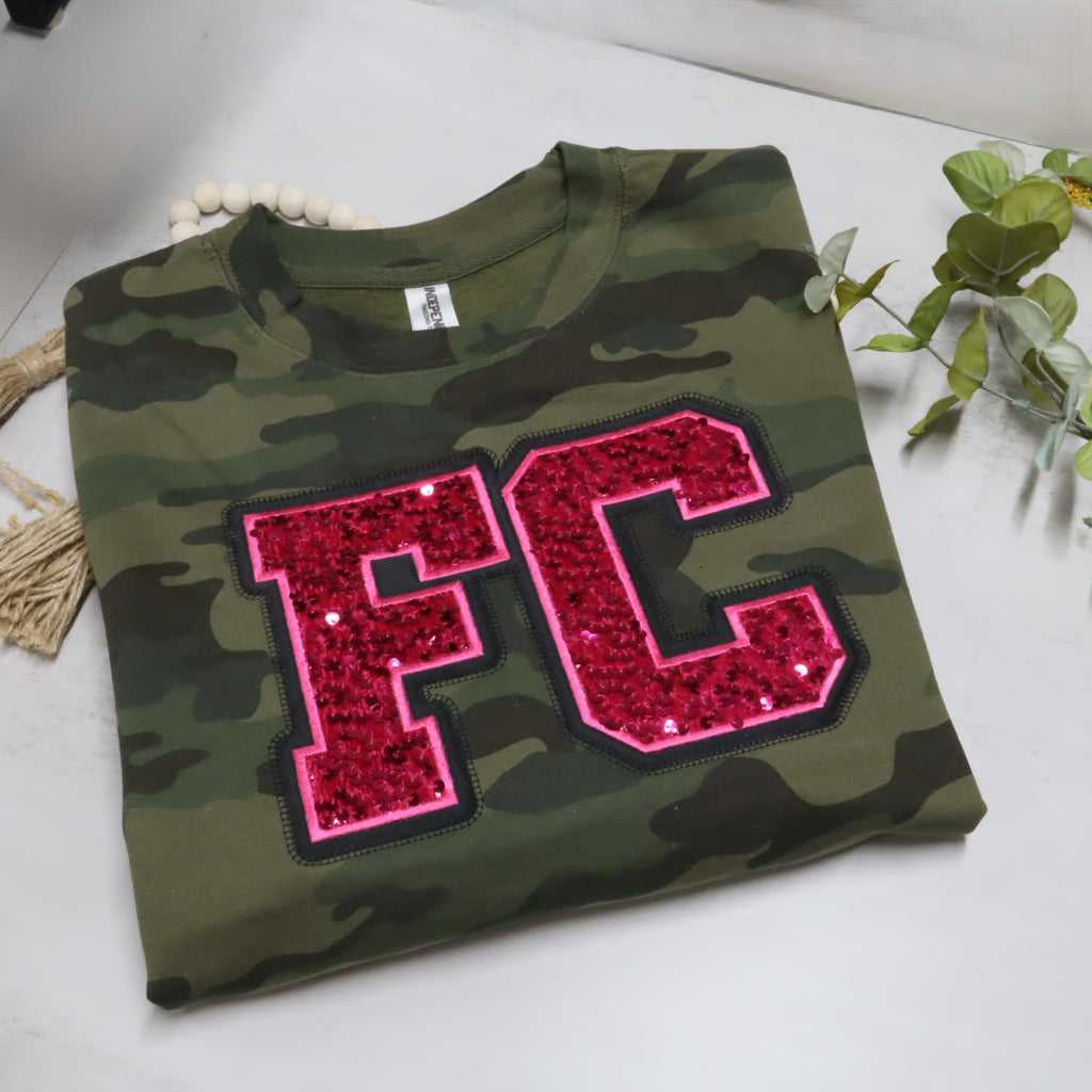 Camo Sequin Initial Sweatshirt – Personalized Varsity Letter Crewneck