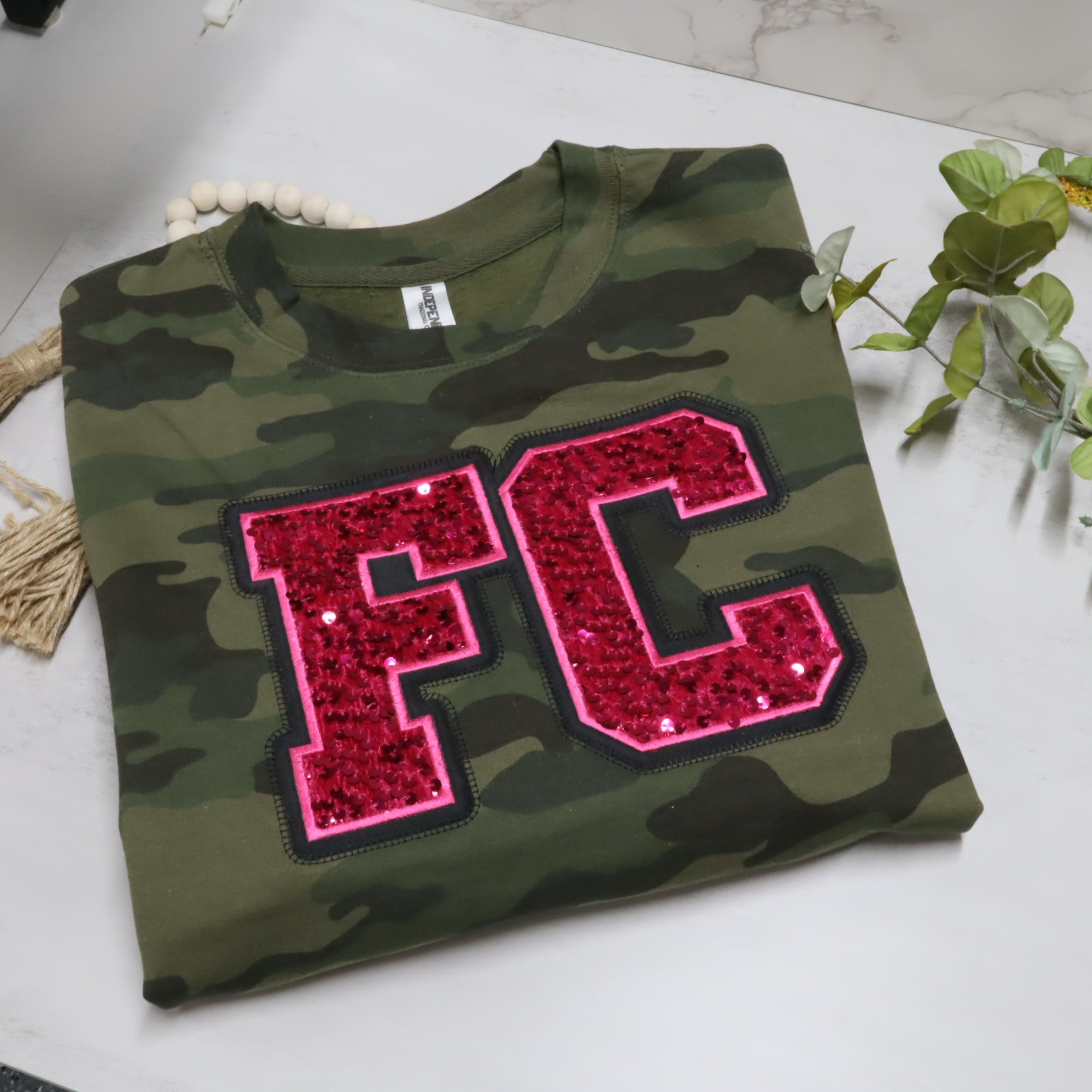 Camo Sequin Initial Sweatshirt – Personalized Varsity Letter Crewneck