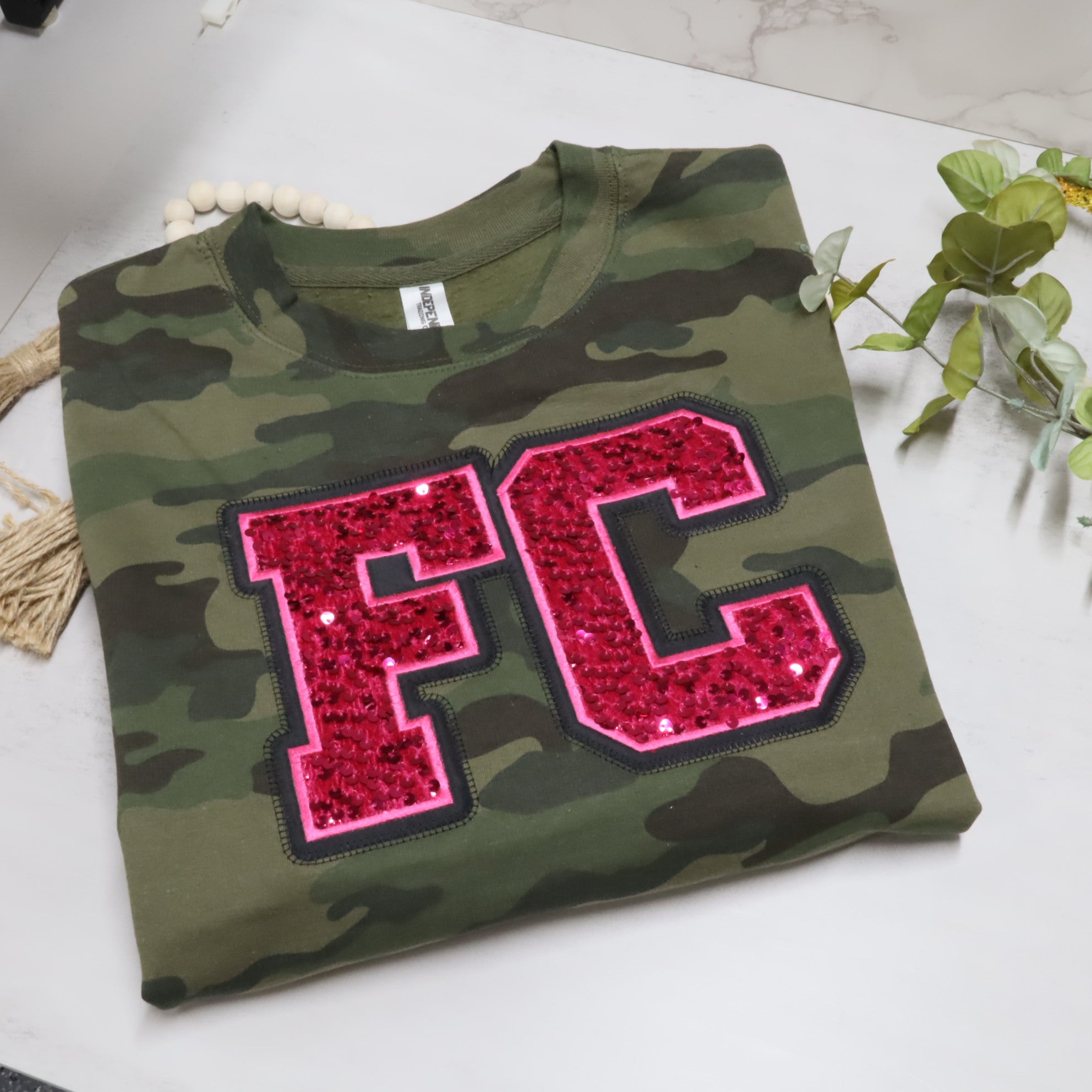 Camo Sequin Initial Sweatshirt – Personalized Varsity Letter Crewneck