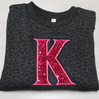 Black Leopard Crewneck Sweatshirt with Sequin Initial