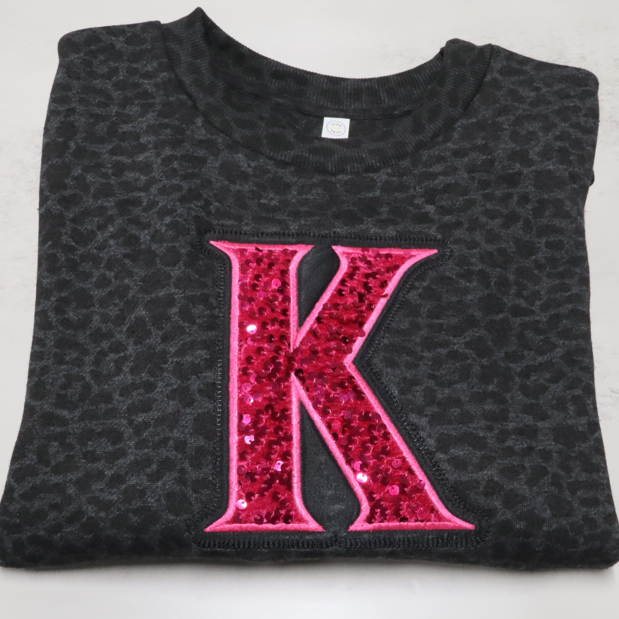 Black Leopard Crewneck Sweatshirt with Sequin Initial