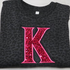 Black Leopard Crewneck Sweatshirt with Sequin Initial