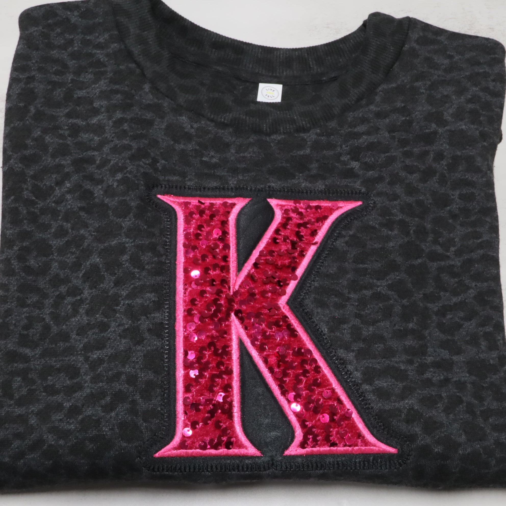 Black Leopard Crewneck Sweatshirt with Sequin Initial